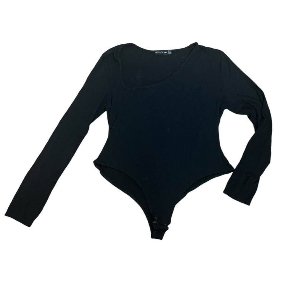 ♥️Prettylittlething Solid Black Asymmetrical Long Sleeve Bodysuit Women’s Sz 12